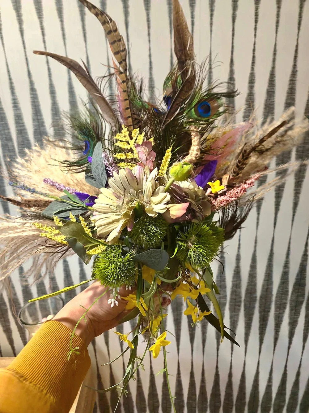 Handmade Boho Peacock Feather Pampas Grass Faux Floral Rustic Cottage Home Decor